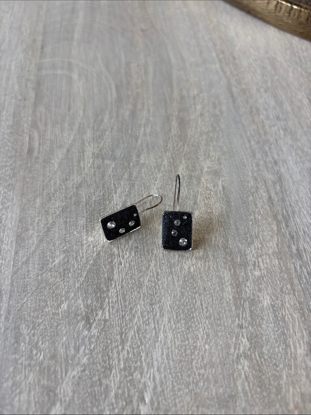 Black Rectangle Drop Earrings with Rhinestone Accents
